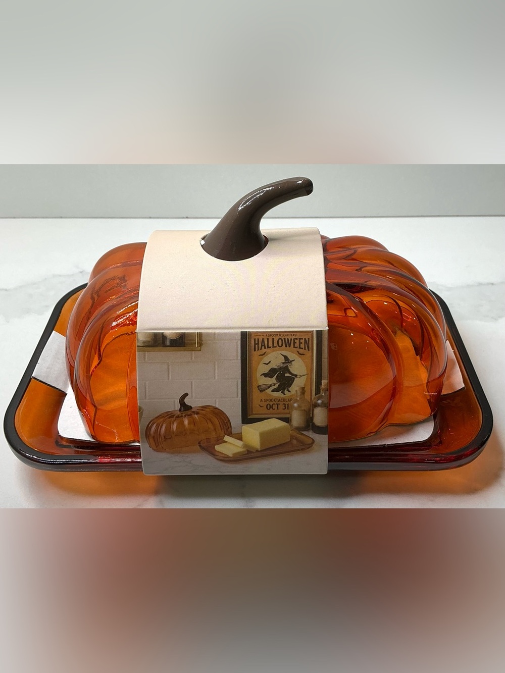 CWC Fall Autumn Halloween Orange Pumpkin Glass Butter Dish w/ Lid & Tray
